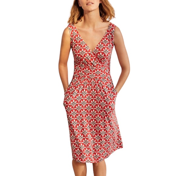 Boden Effie Red Orange Palm Print Faux Wrap Ruched Jersey Knit Dress - 6 - Picture 4 of 16